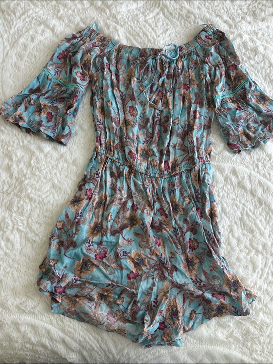 Pink Rose Pants - Pink Rose Aqua Floral Off-Shoulder Romper